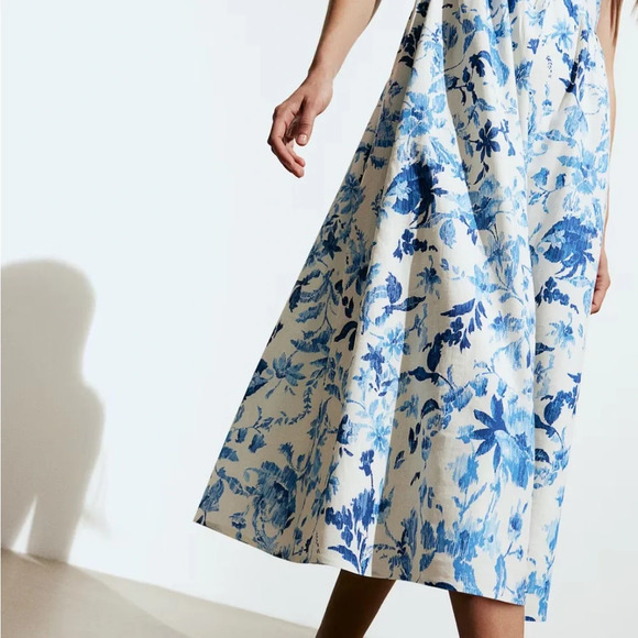 H&M linen blend midi dress sundress floral square neck spaghetti strap classic - Picture 3 of 15